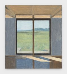 an oil painting of a window with mountains in the back ground and grass on the other side