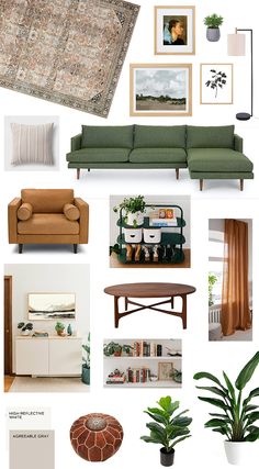 a collage of furniture, plants and pictures