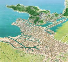 an artist's rendering of the city of san francisco, california with water and land