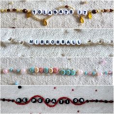 four different types of beaded name bracelets with beads and letters that spell out words