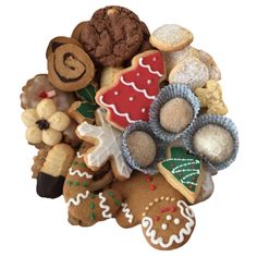 a bunch of cookies and other treats are arranged in a bouquet on a white background