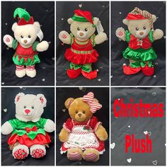 four different teddy bears dressed up in christmas outfits and hats, with the words christmas push below them