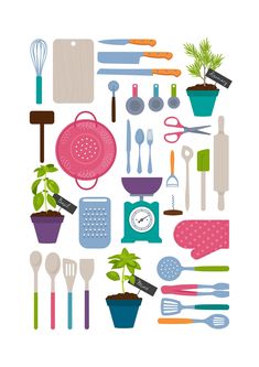 an assortment of kitchen utensils and plants