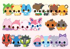 the cute little animals are lined up in different colors and sizes, each with their own face