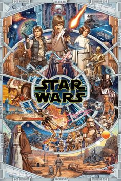 the star wars poster is shown with many different characters and their names in blue letters