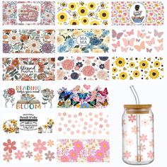 a jar filled with lots of different types of stickers and flowers on top of it