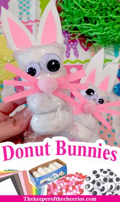 there is a bunny made out of candy and some candies in the background with text overlay that says, donut bunnies