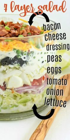 a layered salad with bacon, cheese and dressing