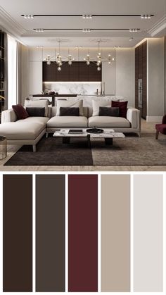 a living room filled with furniture and lots of color swatches in shades of brown, white