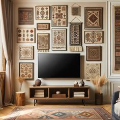 a living room filled with furniture and lots of framed pictures on the wall above a flat screen tv