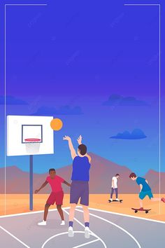 people playing basketball on an outdoor court with mountains in the background, illustration, flat design png and psd