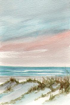 watercolor painting of an ocean scene with pink and blue sky in the background,