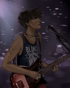 a drawing of a person with a guitar in front of a microphone and sound board