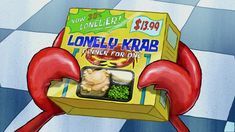 a cartoon character holding a box of food with the caption when friends came on dinner plans lonely krab dinner for one