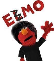 the sesame character is holding his hand up in front of him with an emo sign above it