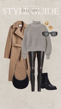 Taupe Sweater Outfit Winter, Casual Camel Coat Outfit, Beige With Black Outfit, Beige Leather Leggings Outfit, Winter Beige Outfit, Gray And Beige Outfit, Leggings With Sweater Outfit, Taupe Coat Outfit, Grey Beige Outfit