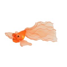 an orange fish with long hair floating in the water on a white background, it appears to be looking like something out of space