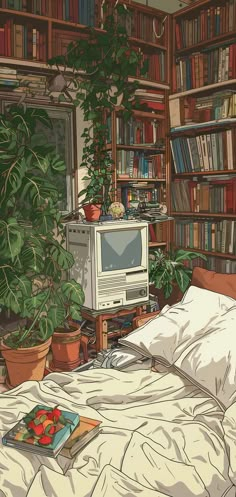 an old computer sitting on top of a bed in a room with bookshelves