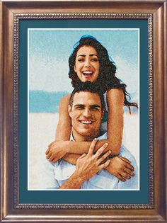 a painting of a man holding a woman in his arms and smiling at the camera