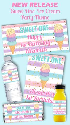 ice cream party theme with water bottle and place cards