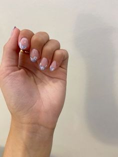 Lilac French Tip Nails With Flowers, Dainty Feminine Nails, Dainty Spring Nails, Nail Tips With Flowers, Dainty Summer Nails, Lilac Flower Nails, Flower Tip Nails, Pretty Nude Nail Designs, Floral French Nails