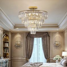 a bedroom with a chandelier hanging from the ceiling