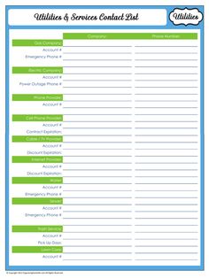 a blue and green checklist with the words, utilities & service contact list