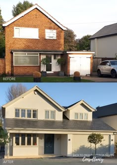 before and after photos of a house being remodeled with new windows, siding, and shingles