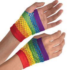 Rainbow Fishnet Gloves, Rainbow Accessories Aesthetic, Bright Colorful Clothing, Weirdcore Accessories, Rainbow Aesthetic Outfit, Rainbowcore Fashion, Kidcore Accessories, Rainbow Gloves, Rainbow Clothing