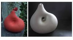 two different vases one is red and the other has a white pear shaped object