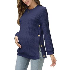 Women's Cable Knit Maternity Tops Round Neck Long Sleeve Pregnancy Nursing Pullover Sweater Double Split with Buttons Navy Blue M Maternity Work Clothes, Wrap Sweater Dress, Maternity Tunic, Casual Maternity, Tunic Tops Casual, Puff Long Sleeves, Maternity Sweater, Striped Long Sleeve Shirt, Pregnancy Shirts