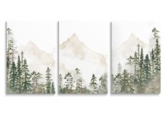 three paintings with trees and mountains in the background