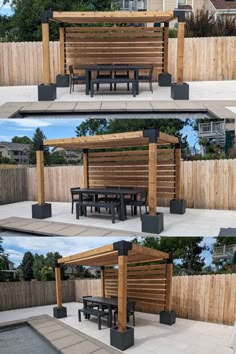 four different views of a wooden pergoline with benches and tables in the middle