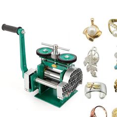 an assortment of jewelry including rings, bracelets and ring making machine on a white background