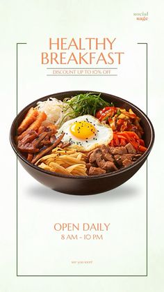 an advertisement for a healthy breakfast with steak, eggs and vegetables in a pan on a white background