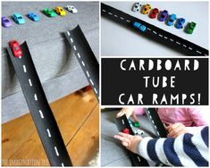 a collage of pictures with cars and the words cardboard tube car ramps