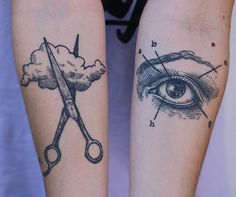 two tattoos with scissors and an eye on them