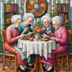 three elderly women sitting at a table reading books and drinking tea, with a clock in the background