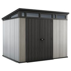 an outdoor storage shed with two doors and windows on the side, in front of a white background