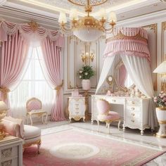 a fancy bedroom with pink and gold furniture, chandelier, curtains, rugs