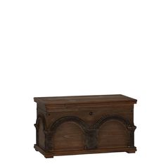 an old wooden chest with carvings on the front and sides, against a white background