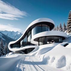 an unusual house in the middle of snow covered mountains