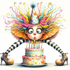 a drawing of a clown with a birthday cake