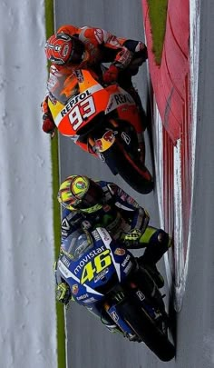 two motorcyclists are racing on the track