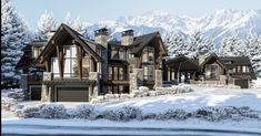 this is an artist's rendering of a luxury home in the mountains with snow on the ground