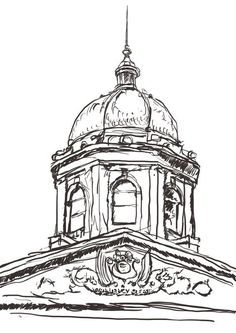 a black and white drawing of a dome on top of a building with a clock