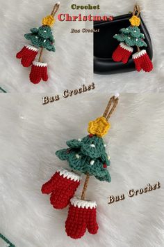 crochet christmas tree ornament with red and green mittens hanging from it