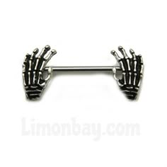 a pair of metal hands on top of a barbell piercing ring with two fingers in the middle