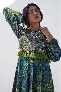 Shop for Nadima Saqib Blue Dupion Paisley And Mandala Print Dress for Women Online at Aza Fashions Festive Green Dress With Tassels, Festive Green Tassel Dress, Festive Blue Dress With Tassels, Festive Blue Tassel Dress, Bohemian Tassel Dress For Henna Ceremony, Mandala Dress, Mandala Mirror, Paisley Mandala, Flare Midi Dress