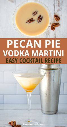 pecan pie vodka martini in a glass next to an ice bucket with pecans